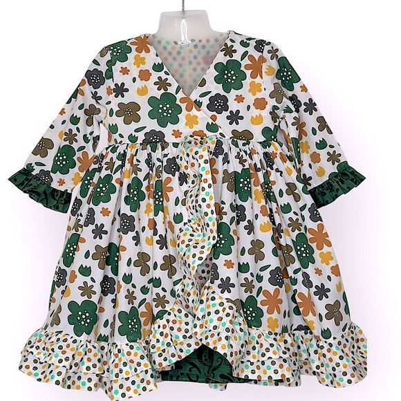 Jelly The Pug Green and Orange Floral Kids Dress (956) - Picture 1 of 13